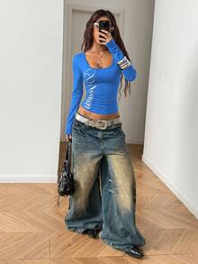 StreetHx Women's Black U-Neck Fitted Comfortable Silver Letter Print Punk Rock Y2K Baddie Casual Streetwear College 2000s Style Long Sleeve T-Shirt - Royal Blue - View 3