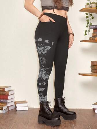 Hippie Leggings skinny polyvalents et décontractés avec imprimé lune, étoile et papillon pour femmes grandes tailles, pour un port quotidien