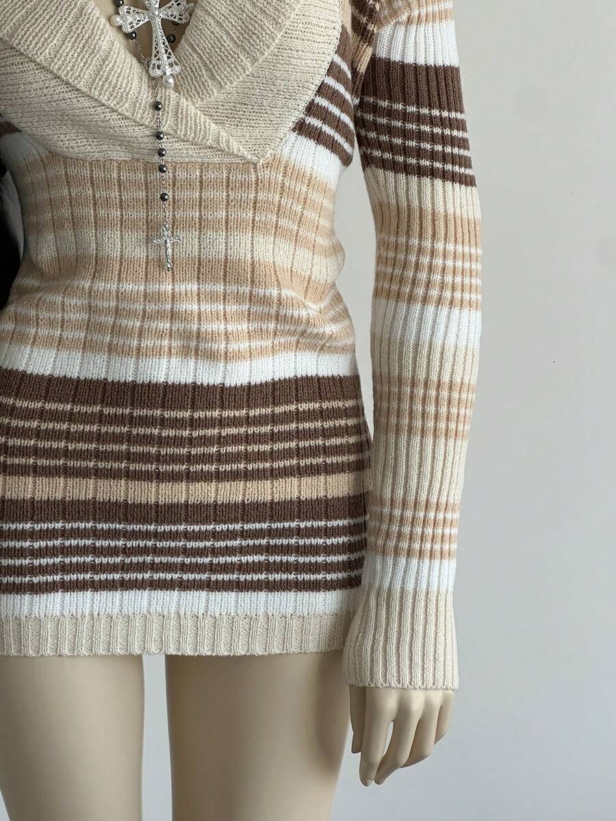 Elamini Casual Striped Sweater, Women's Winter Top Sweater Dress Womens Sweaters Knit Dress - Grey - View 1