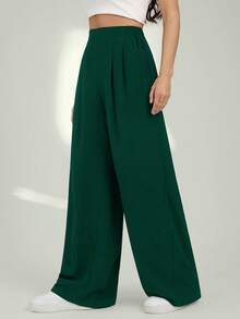 SHEIN Tall 女士纯色褶皱高腰休闲裤 - 墨綠色 - 查看 7