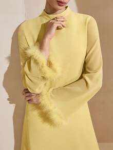 Graceveil Reed Yellow Chiffon Patchwork Fur Trim Stand Collar Long Sleeve Elegant Party Dress - Yellow - View 4