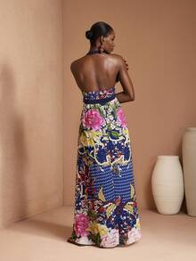 JIAN LASALA All-Over Print Chiffon Halter Neck Contrast Binding Backless Women Maxi Dress Vacation Casual Summer Maxi Dress Women Long Dress Summer African Print Dress Juneteenth Dress Sundress Maxi Beach Wedding Guest - Multicolor - View 2