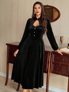 Vintamour Vintage Classic Elegant Women's Dress, Fitted Patchwork Dress With Collar, Pockets, Long Sleeve, Wine Red, Autumn/Winter - Black - View 6