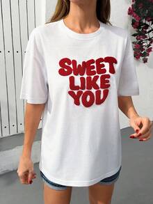 Cloudara White Short Sleeve T-Shirt With "SWEET LIKE YOU" Red Embroidery %100 Cotton - White - View 3