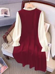 GlowEve CURVE Plus Size Women Stand Collar Colorblock 2 In 1 Sweet Date Dress