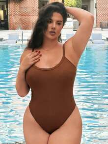 Swim SXY Áo tắm liền thân cỡ lớn dành cho nữ, màu trơn, gợi cảm, thanh lịch, dây mảnh, thích hợp cho bãi biển và kỳ nghỉ hè. - màu nâu - Xem 2