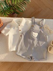 SHEIN 2pcs Set White Summer Casual Family Matching Baby Boy Striped Cartoon Bear Romper Overalls & Short Sleeve Collared Button Shirt Outfit For Birthday - Multicolor - View 2