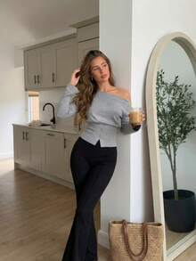 SHEIN MOD Sweater Wanita Kasual Warna Polos dengan Kancing Bahu Miring Warna Abu-abu untuk Musim Gugur/Dingin - Grey - View 6