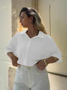 Jeta Ari Camisa Cortada de Tecido Entrelaçado de Cor Sólida para Mulheres - Branco - Ver 6