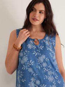 SHEIN VCAY 大码女式花卉刺绣无袖休闲宽松连衣裙 - 霧霾藍 - 查看 6