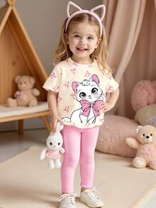 2pcs/Set Infant Girls' Casual Cute Kitty & Bow Print T-Shirt And Pants Outfit, Comfortable Daily Wear, Suitable For Spring, Summer, Autumn Toddler Girl Cartoon Shirt Toddler Girl Cute Sets Toddler Girl Legging Set Toddler Girl Kitten Top - Multicolor - View 3