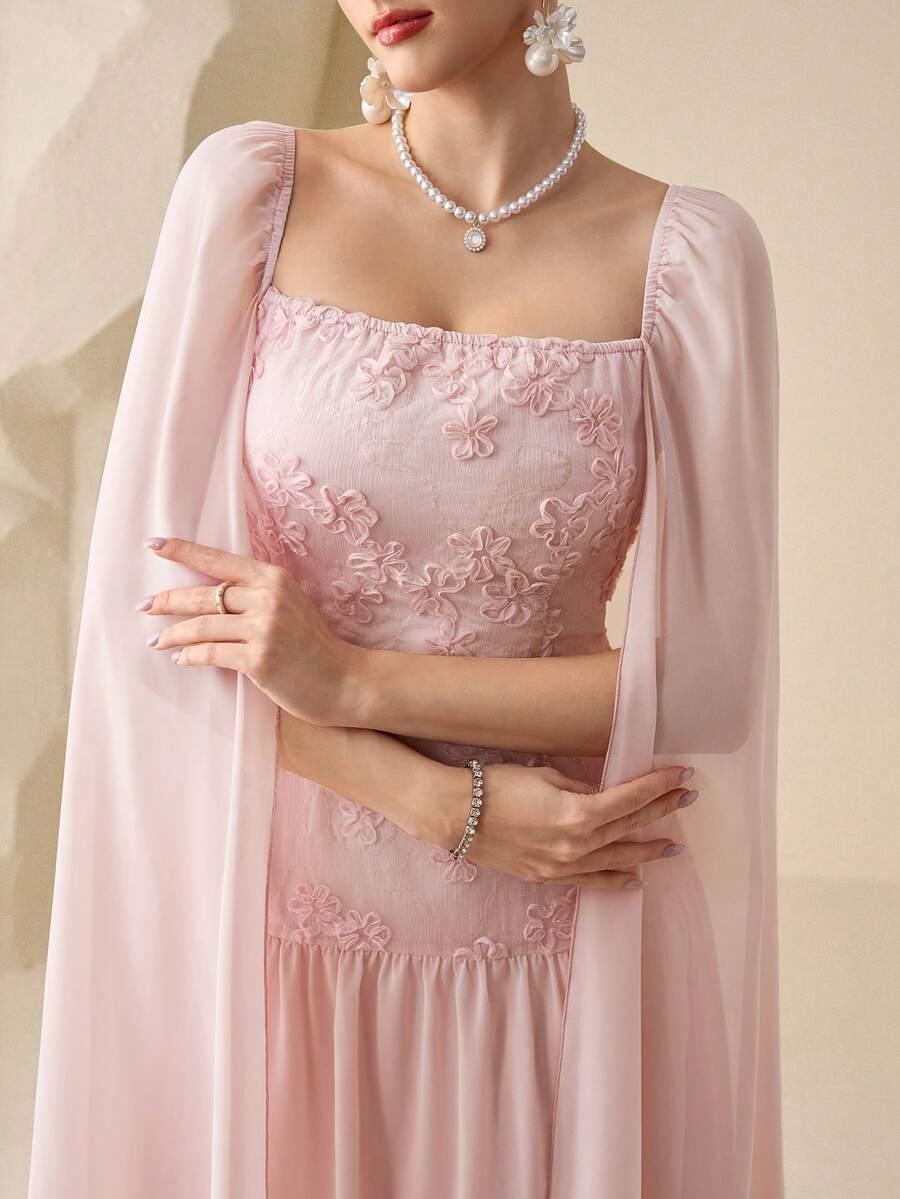 Modelyn Đầm dự tiệc sang trọng, thanh lịch bằng vải chiffon, họa tiết hoa, tay phồng, thắt eo. - Màu Hồng baby - Xem 1