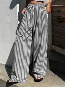 Livesso Women's Loose Casual Vacation Style Fashion Street Thin Striped Color Block Waist Tie Straight Leg Pants, Spring/Summer - Grey - View 3