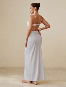 Swim Oasis 3pcs/Set Summer Vacation Sexy Pearl Shell Bikini Set With Spaghetti Straps & Front/Middle Slit Drawstring Maxi Dress - White - View 3