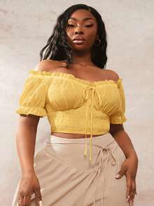 SHEIN SXY 大码波西米亚风黄色荷叶边露肩短袖女式衬衫 - 黃色 - 查看 1