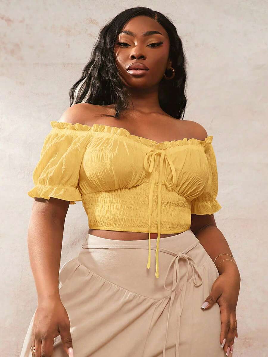 SHEIN SXY 大码波西米亚风黄色荷叶边露肩短袖女式衬衫 - 黃色 - 查看 1