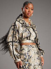 NYA SZN Ashley Jacket Long Sleeve Crop Zip Up Faux Fur Black Trim Animal Print Snakeskin Loose Festive Holiday Holiday Event Party Streetwear Carnival Outfits For Women - Multicolor - View 6