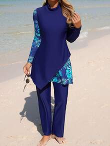 Swim Mulvari 两件套热带花卉印花长袖上衣和裤子套装，优雅假日女士泳装布基尼 - 彩色 - 查看 5