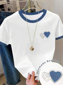Resyla Áo thun nữ tay ngắn cổ tròn in hình trái tim, kiểu dáng thường ngày, đa năng. - Nhiều màu - Xem 1