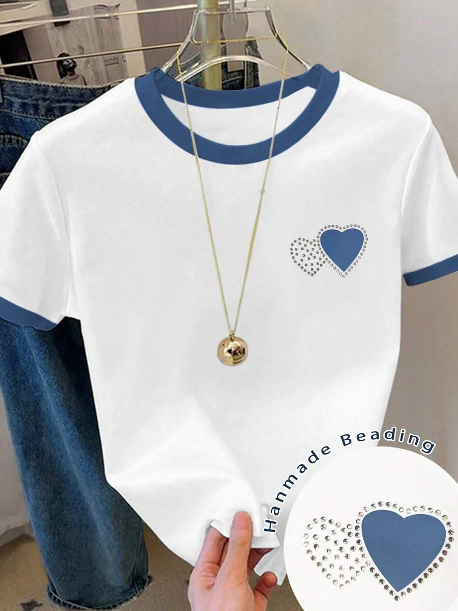 Resyla Áo thun nữ tay ngắn cổ tròn in hình trái tim, kiểu dáng thường ngày, đa năng. - Nhiều màu - Xem 1