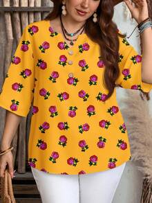 EMERY ROSE 大码女式碎花V领休闲衬衫，适合春夏外出穿着 - 彩色 - 查看 5