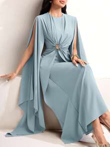 Veilorie Váy hè thanh lịch, xoắn, xếp ly, trang trí cúc, thắt eo. - Màu xanh lam - Xem 1