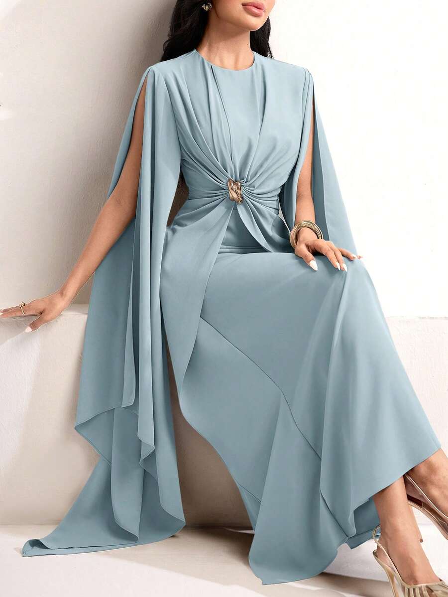 Veilorie Váy hè thanh lịch, xoắn, xếp ly, trang trí cúc, thắt eo. - Màu xanh lam - Xem 1