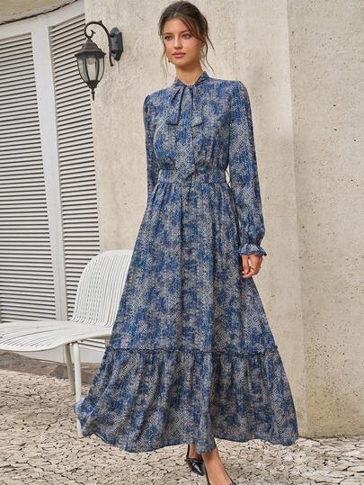 Cévolie Women's Vacation Tie Collar Geometric Print Long Sleeve Ruffle Hem Elegant Dress