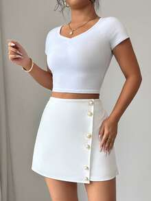 SHEIN Elenzya Damen A-Linie Rock mit Perlenknopf-Dekor, minimalistischer College-Stil Pendler-Lässig-Wear, geeignet für Ausgehen, Dates, Einkaufen, Zuhause, Frühling/Sommer - Weiss - Übersicht 6