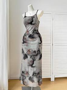 SHEIN EZwear 大码蓝色蝴蝶连衣裙：无袖褶皱设计，半透明针织休闲连衣裙，完美夏季装扮 - 彩色 - 查看 4