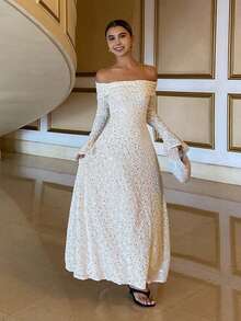 DAZY 1 chiếc đầm midi ren trễ vai, thắt eo dành cho nữ, thích hợp mặc đi nghỉ mát. - trắng - Xem 3