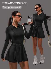 Dewbera Casual Versatile Pleated Slimming Shaping Buttoned Polo Collar Bodycon Dress Tennis Dress Long Sleeve Tennis Dress Athletic Romper Chic Autumn Dress Black Tennis Dress - Black - View 1