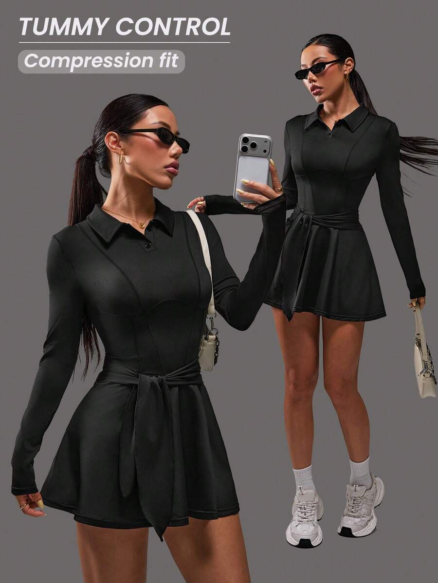 Dewbera Casual Versatile Pleated Slimming Shaping Buttoned Polo Collar Bodycon Dress Tennis Dress Long Sleeve Tennis Dress Athletic Romper Chic Autumn Dress Black Tennis Dress - Black - View 1
