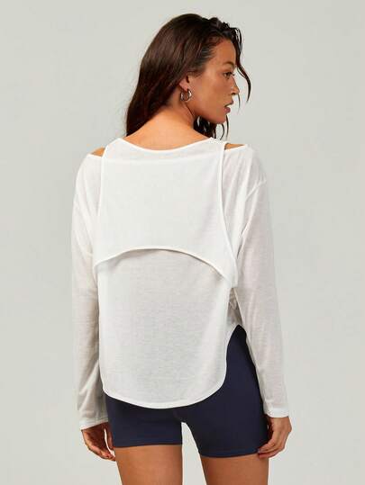 Athîral Women's Casual Long Sleeved Off Shoulder White Top, Suitable For Going Out And Exercising, Asymmetrical Top, Asymmetrical Top, Outdoor Top, Gym Outfit, Retro 80s Top, White Top, Hollowed Out Top, Breathable Knitted Elastic Soft And Comfortable Fabric, Lightweight Fabric, Gym Top