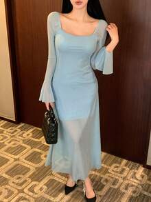 DAZY Women's Solid Color Square Neck Mesh Patchwork Flare Sleeve Fitted Elegant Dress Maxi Dress Sundress - Blue - View 3