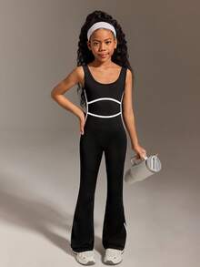 Mono negro ajustado para niñas preadolescentes, de tela elástica y de moda, con un ajuste favorecedor, para hacer ejercicio o uso diario casual - Negro - Ver 4