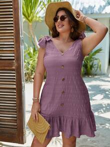 SHEIN LUNE Plus Tie Shoulder Fake Button Ruffle Hem Summer Outfits Dress - Purple - View 6
