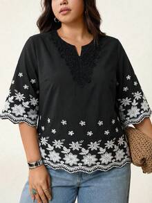 SHEIN LUNE Camisa casual de vacaciones con cuello con muesca y ribete bordado, talla grande - Negro - Ver 6