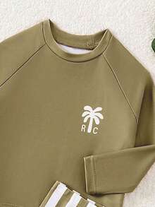 Baby Boys Swimwear, Casual Olive Green Tropical Casual Style Printed Knitted Fabric Long Sleeve Sunscreen Clothes, Quadrangle Shorts, Split Two Piece Set Long Sleeve Top Shorts, Casual Exquisite Cute Boys Suitable For Summer Vacation, Summer Beach Beach Swimming Pool, Summer Party Leisure Vacation Toddler Boy Beach Set Boy Rash Guard - Olive Green - View 6