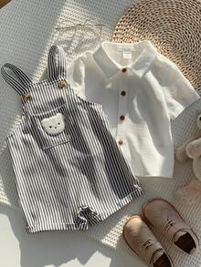 SHEIN 2pcs Set White Summer Casual Family Matching Baby Boy Striped Cartoon Bear Romper Overalls & Short Sleeve Collared Button Shirt Outfit For Birthday - Multicolor - View 3