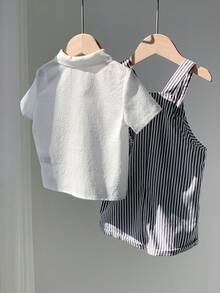 SHEIN 2pcs Set White Summer Casual Family Matching Baby Boy Striped Cartoon Bear Romper Overalls & Short Sleeve Collared Button Shirt Outfit For Birthday - Multicolor - View 6