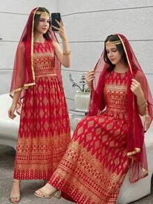 SHEIN Abaya Jalabiya Casual T-Shirt Set For Teen Girl,Vibrant Colors Comfortable Design For Summer,Party,School Activities & Outings,Lively Spring Vibe - Burgundy - View 11