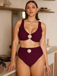 Swim Chiccia Bộ đồ bơi cỡ lớn màu đỏ tía sang trọng mới năm 2026 với họa tiết kim loại, thích hợp cho tiệc tùng, kỳ nghỉ và hẹn hò. - Màu Đỏ Sâu - Xem 1