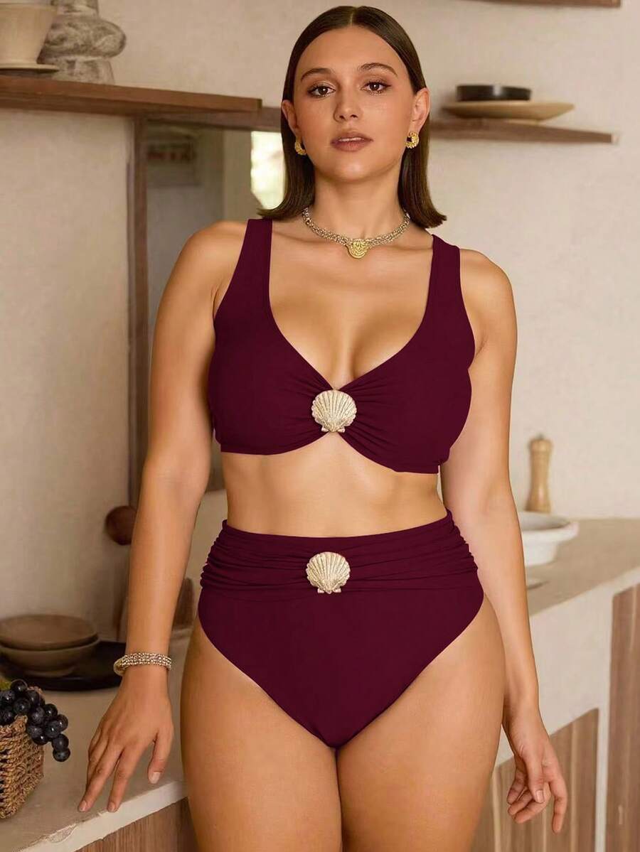 Swim Chiccia Bộ đồ bơi cỡ lớn màu đỏ tía sang trọng mới năm 2026 với họa tiết kim loại, thích hợp cho tiệc tùng, kỳ nghỉ và hẹn hò. - Màu Đỏ Sâu - Xem 1