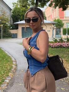 Jeta Ari 夏季波西米亚风音乐节狂欢派对游牧西部公路派对复古水洗牛仔背心外套，假日，锐舞上衣，伊比沙岛，音乐节，外出 - 中等水洗藍 - 查看 6