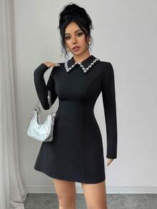 Selianne Elegant Black And White Plus Size Business Dress,Autumn A-Line French Style Pearl Decor Collared Long Sleeve Waist Cinched Dress For Dinner,Holidays - Black - View 5