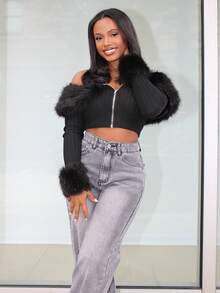 Steph T 女士波点仿皮草拼布休闲夹克，秋冬 - 彩色 - 查看 4