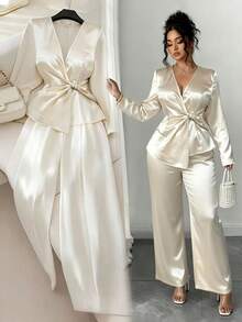 GlowEve CURVE Women's Autumn/Winter Minimalist V-Neck Twist Asymmetric Top And Wide Leg Pants Set, Elegant 2-Piece Casual Outfit, Satin Casual Suit, Party Matching Set, Suitable For Daily Commute, Office, Teacher's Day - Apricot - View 1