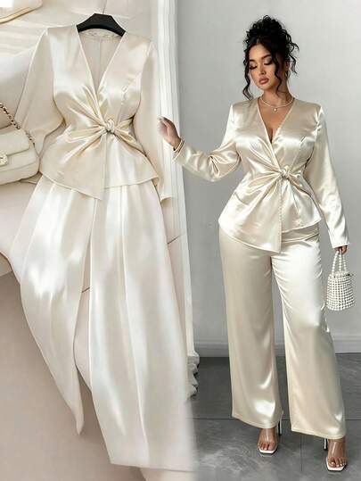 GlowEve CURVE Women's Autumn/Winter Minimalist V-Neck Twist Asymmetric Top And Wide Leg Pants Set, Elegant 2-Piece Casual Outfit, Satin Casual Suit, Party Matching Set, Suitable For Daily Commute, Office, Teacher's Day