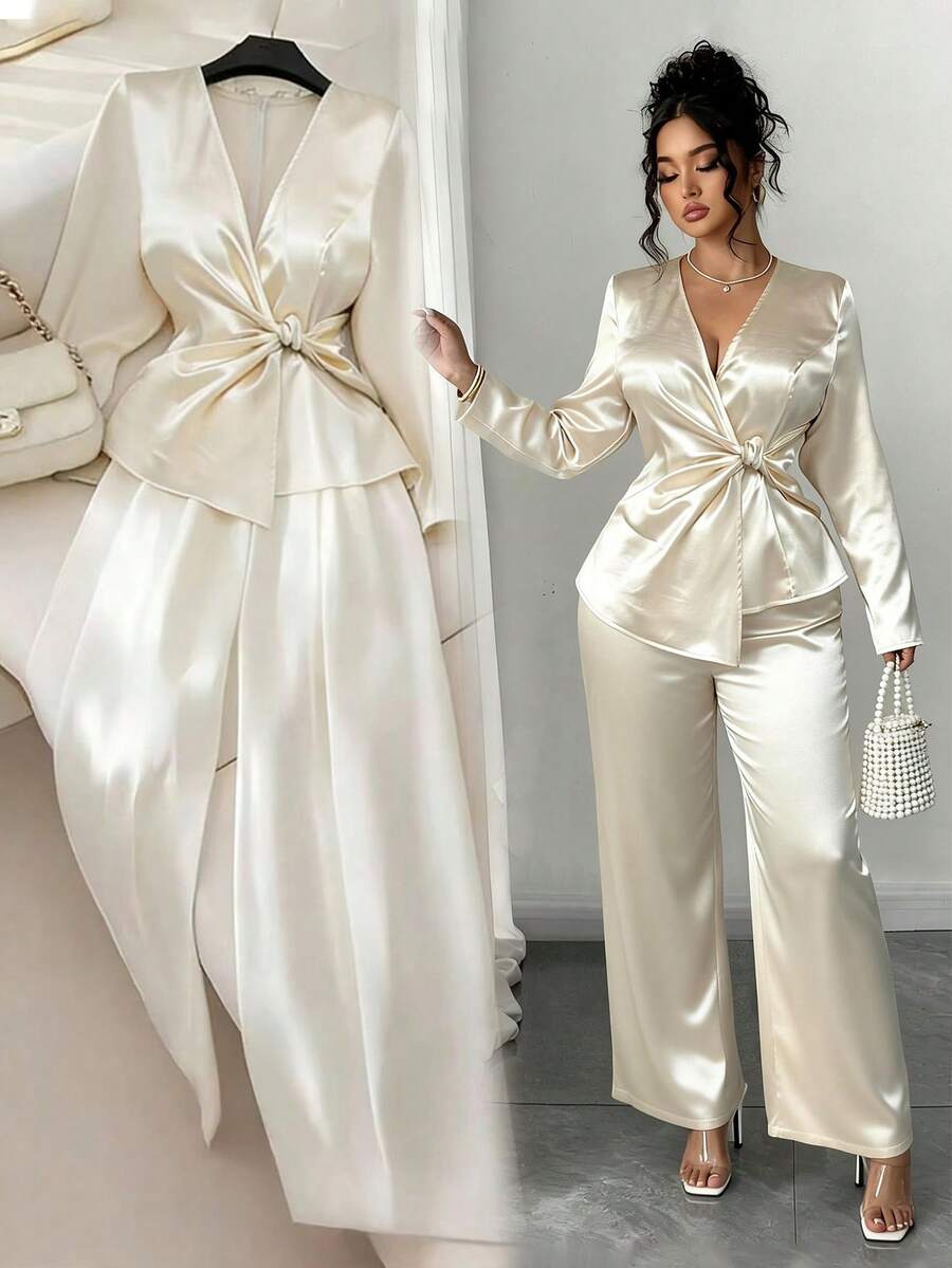 GlowEve CURVE Women's Autumn/Winter Minimalist V-Neck Twist Asymmetric Top And Wide Leg Pants Set, Elegant 2-Piece Casual Outfit, Satin Casual Suit, Party Matching Set, Suitable For Daily Commute, Office, Teacher's Day - Apricot - View 1